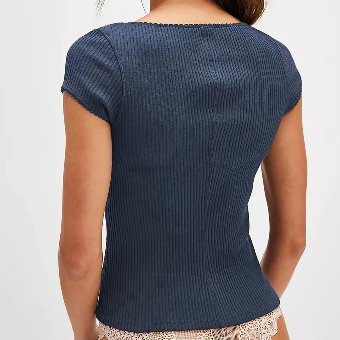 Womens Slim Fitted Shirts Short Sleeve Cardigan Button Down Blouses Y2k Ribbed Tops