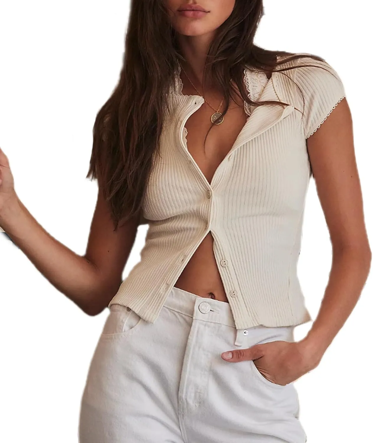 Womens Slim Fitted Shirts Short Sleeve Cardigan Button Down Blouses Y2k Ribbed Tops