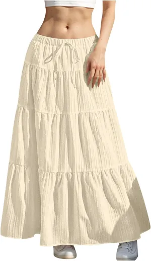 Women's Summer Boho Maxi Skirt Tiered Ruffle A-Line 2025 Fashion Elastic High Waist Skirts Pleated Swing Beachwear