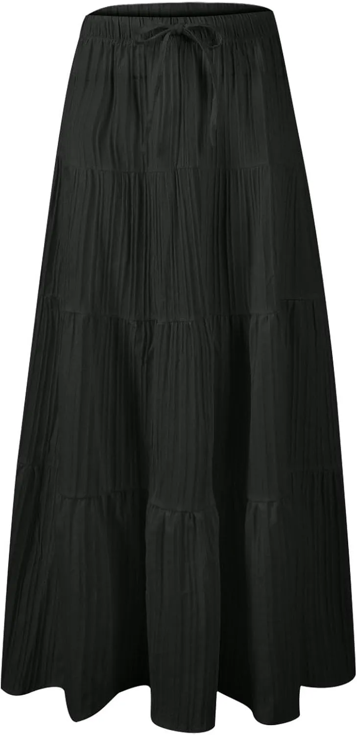 Women's Summer Boho Maxi Skirt Tiered Ruffle A-Line 2025 Fashion Elastic High Waist Skirts Pleated Swing Beachwear