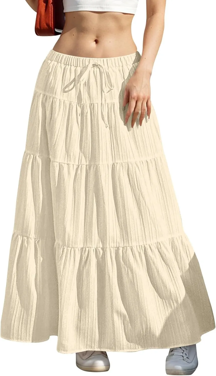 Women's Summer Boho Maxi Skirt Tiered Ruffle A-Line 2025 Fashion Elastic High Waist Skirts Pleated Swing Beachwear