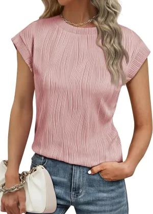 YeonYoonA Women Crewneck Textured Tops Summer Basic Loose Fit T-Shirt Casual Cap Sleeve Work Blouses Solid Casual Blouse