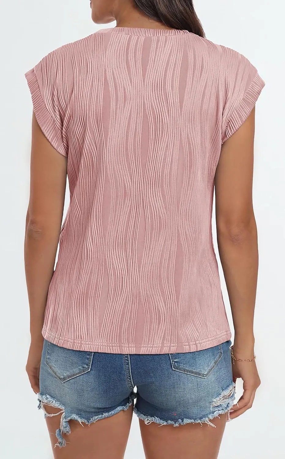 YeonYoonA Women Crewneck Textured Tops Summer Basic Loose Fit T-Shirt Casual Cap Sleeve Work Blouses Solid Casual Blouse