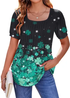Zeagoo Womens Summer Tops Casual Puff Short Sleeve T Shirts Floral/Solid Pleated Tunics Square Neck Work Blouse