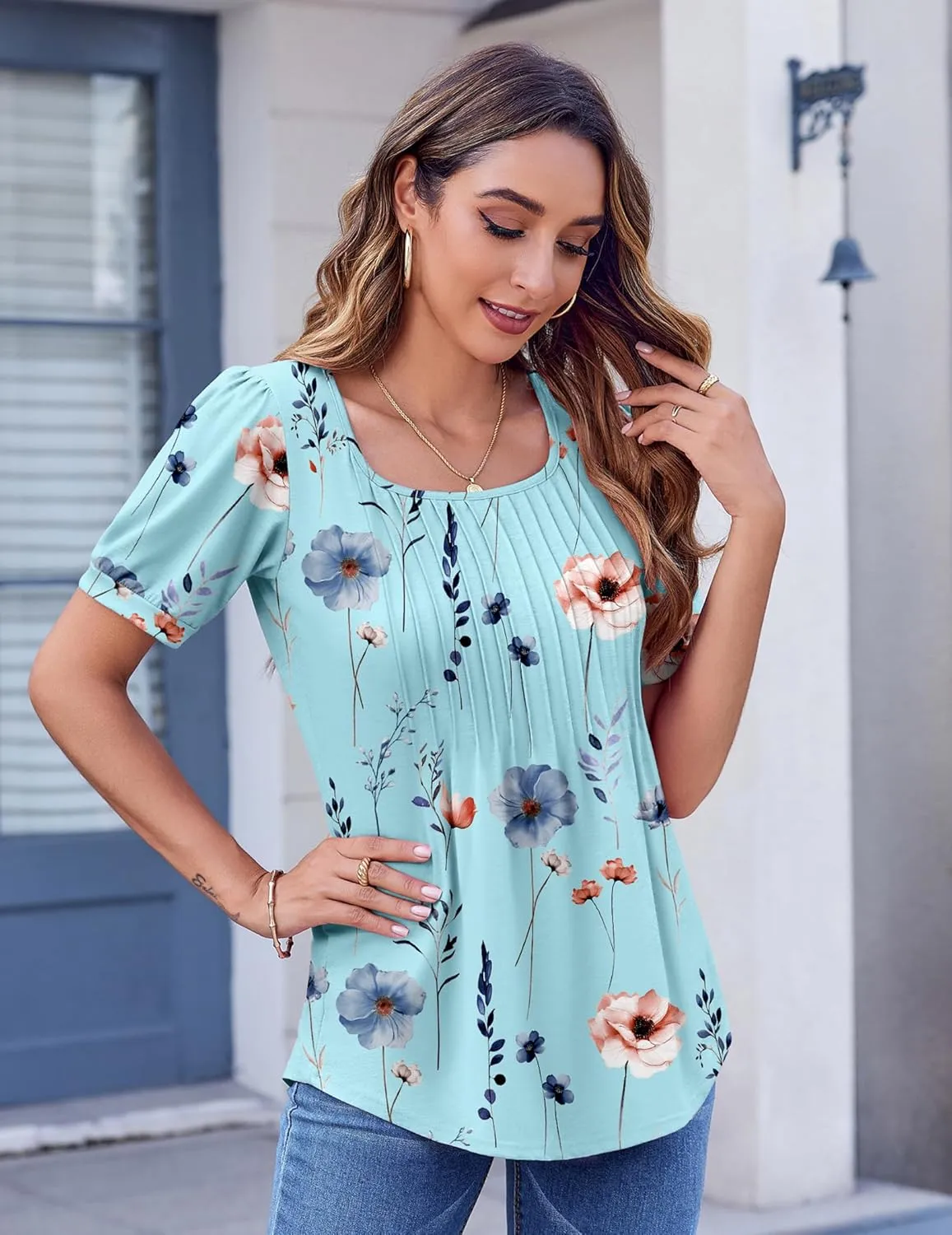 Zeagoo Womens Summer Tops Casual Puff Short Sleeve T Shirts Floral/Solid Pleated Tunics Square Neck Work Blouse