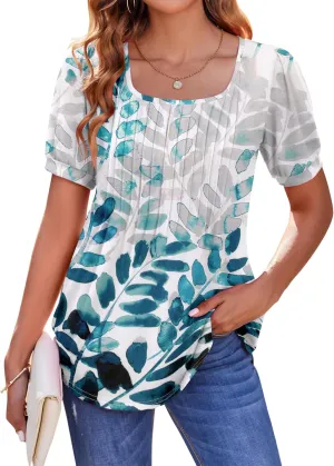 Zeagoo Womens Summer Tops Casual Puff Short Sleeve T Shirts Floral/Solid Pleated Tunics Square Neck Work Blouse