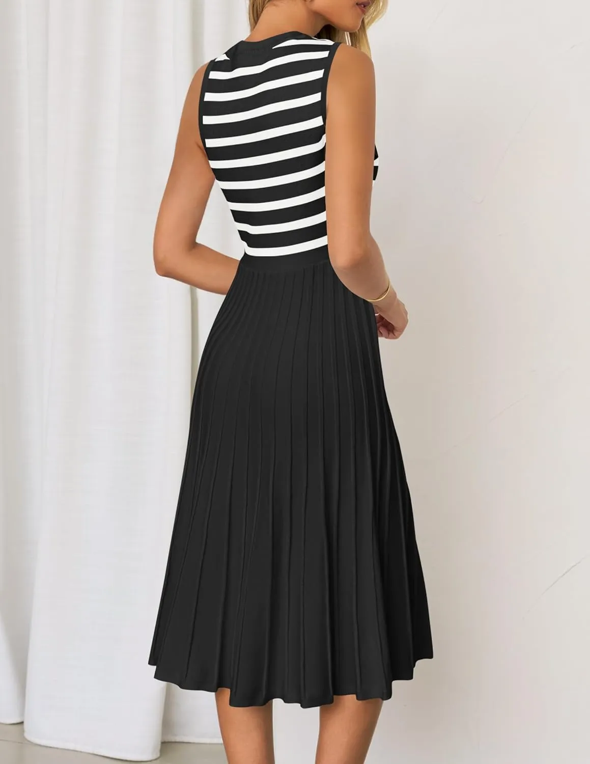 ZESICA Women's Sleeveless Striped Midi Dress Summer Crewneck Button Knit Swing Pleated A Line Casual Dresses