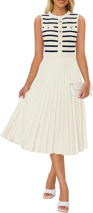 ZESICA Women's Sleeveless Striped Midi Dress Summer Crewneck Button Knit Swing Pleated A Line Casual Dresses
