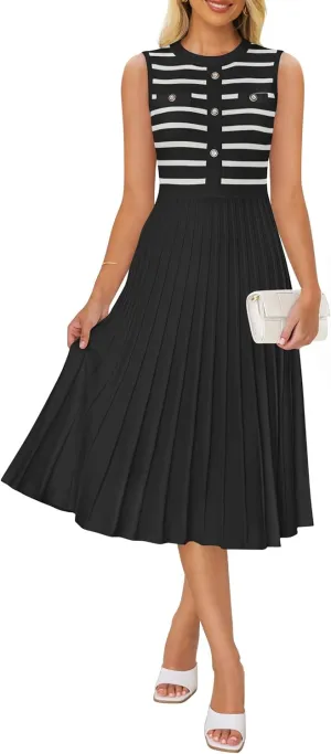 ZESICA Women's Sleeveless Striped Midi Dress Summer Crewneck Button Knit Swing Pleated A Line Casual Dresses