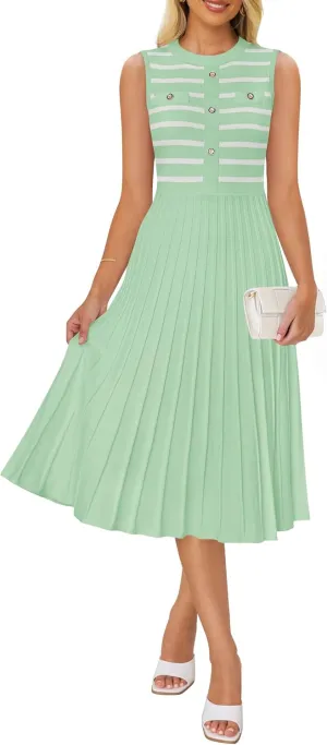 ZESICA Women's Sleeveless Striped Midi Dress Summer Crewneck Button Knit Swing Pleated A Line Casual Dresses