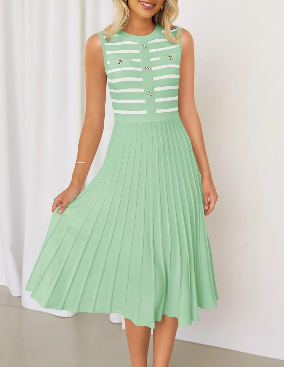 ZESICA Women's Sleeveless Striped Midi Dress Summer Crewneck Button Knit Swing Pleated A Line Casual Dresses