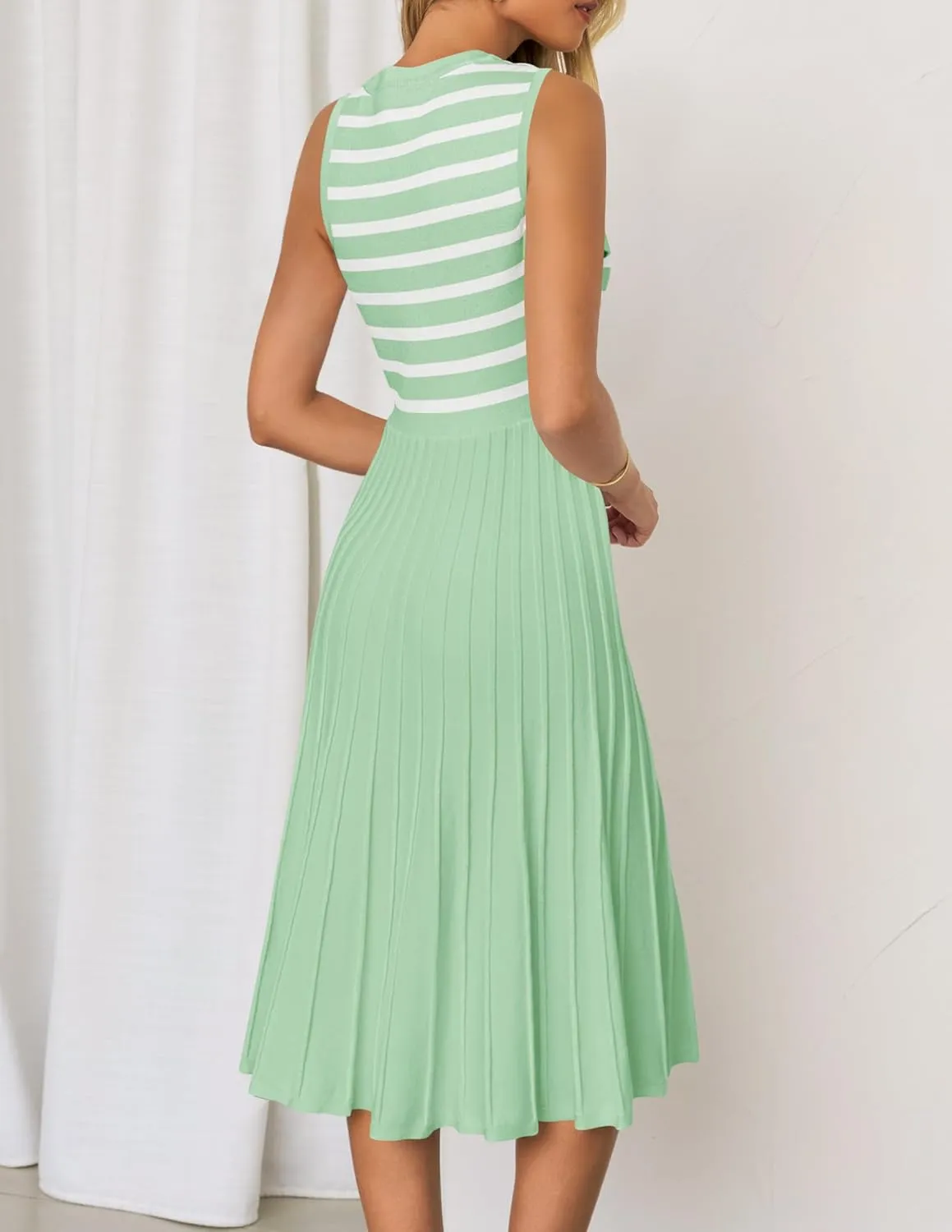 ZESICA Women's Sleeveless Striped Midi Dress Summer Crewneck Button Knit Swing Pleated A Line Casual Dresses
