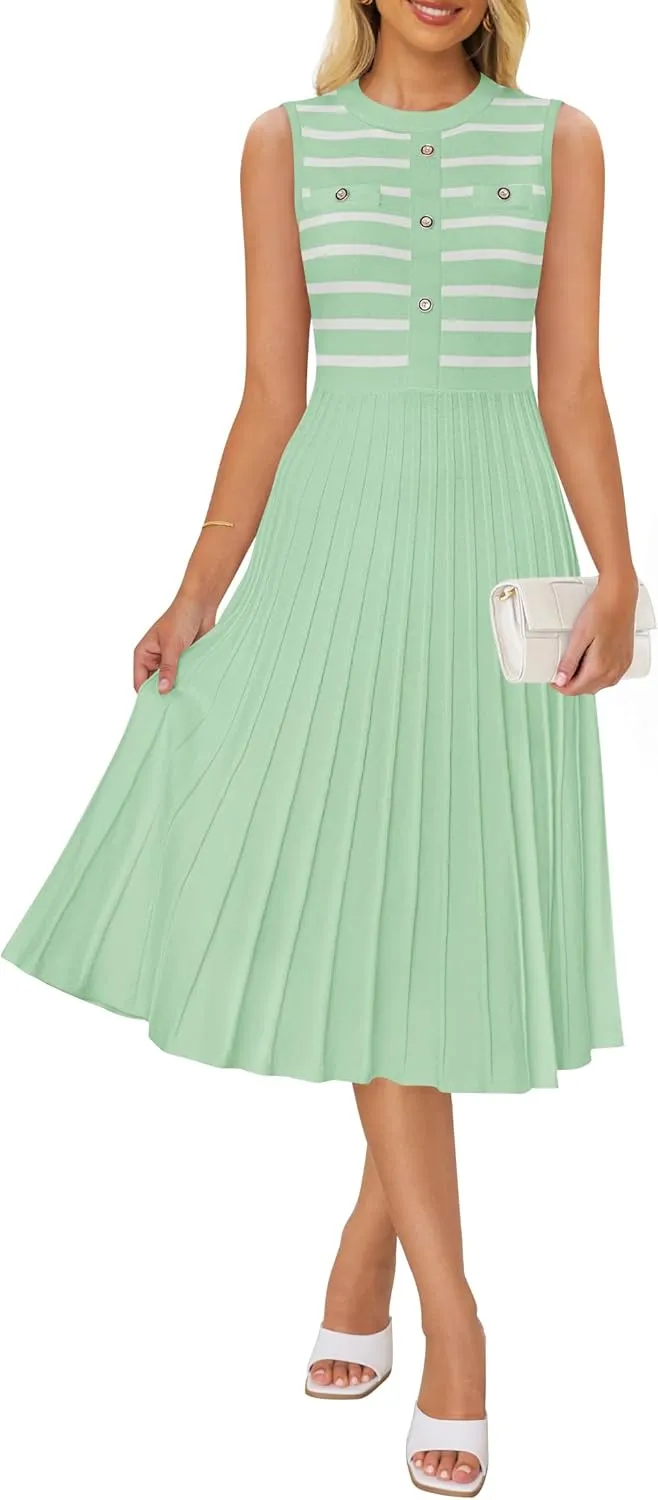 ZESICA Women's Sleeveless Striped Midi Dress Summer Crewneck Button Knit Swing Pleated A Line Casual Dresses