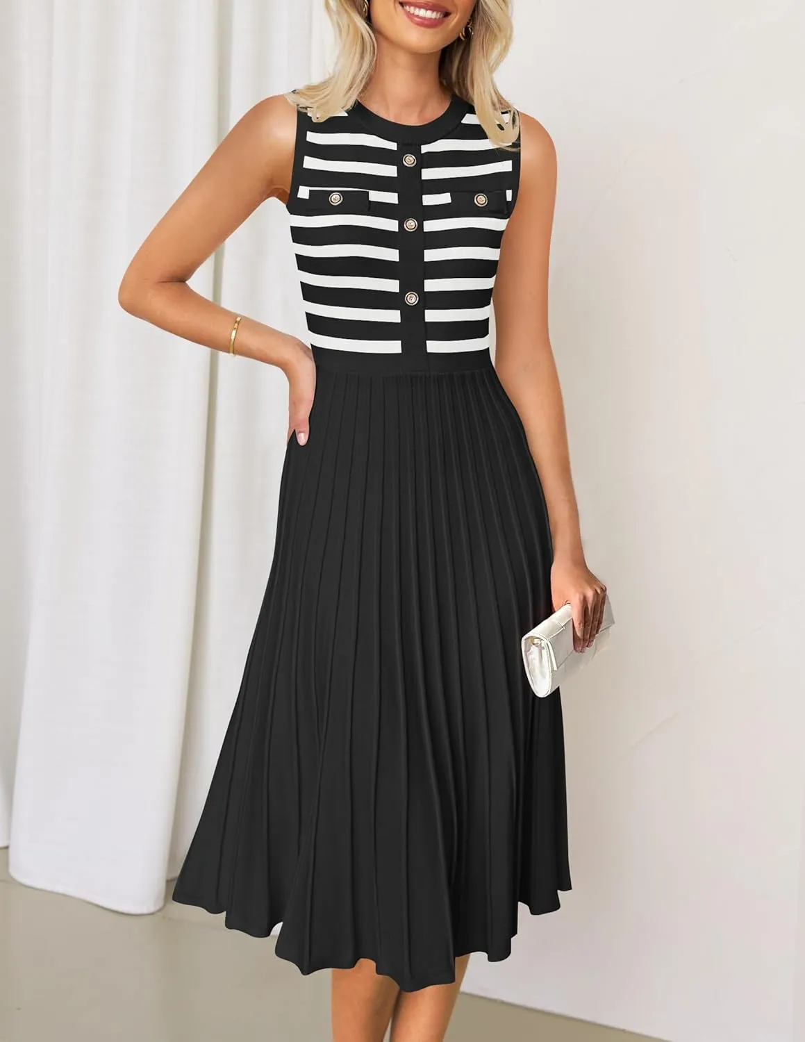 ZESICA Women's Sleeveless Striped Midi Dress Summer Crewneck Button Knit Swing Pleated A Line Casual Dresses