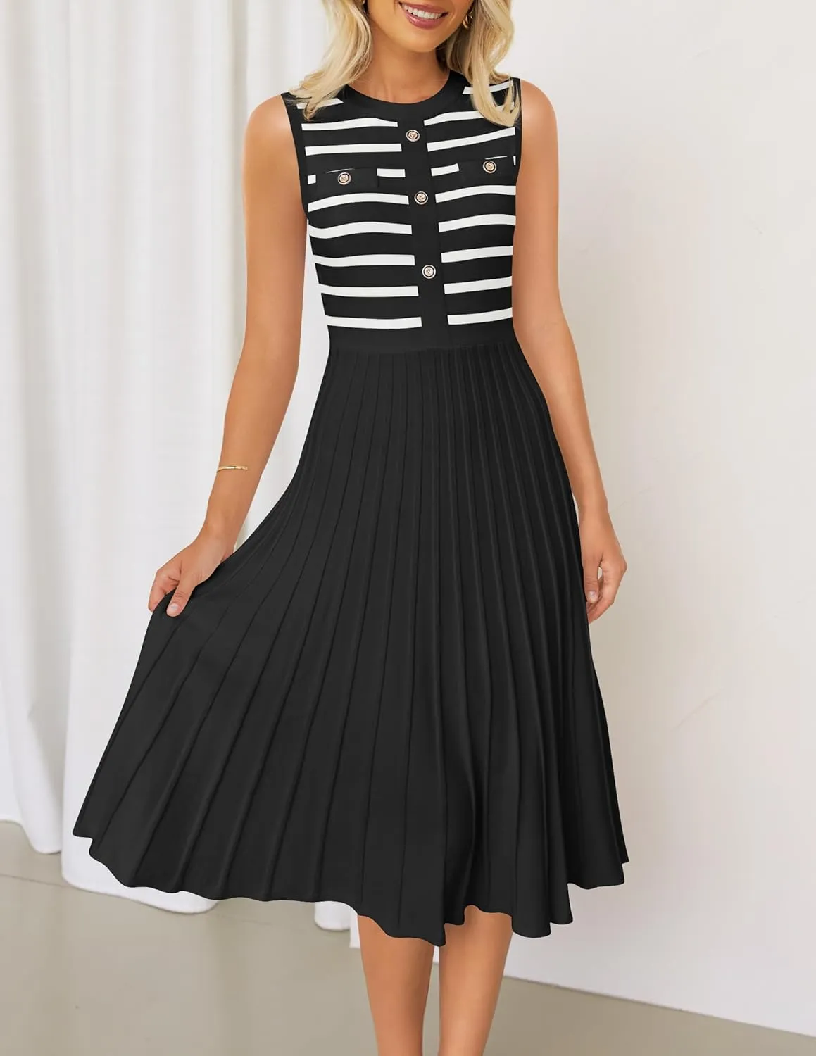 ZESICA Women's Sleeveless Striped Midi Dress Summer Crewneck Button Knit Swing Pleated A Line Casual Dresses