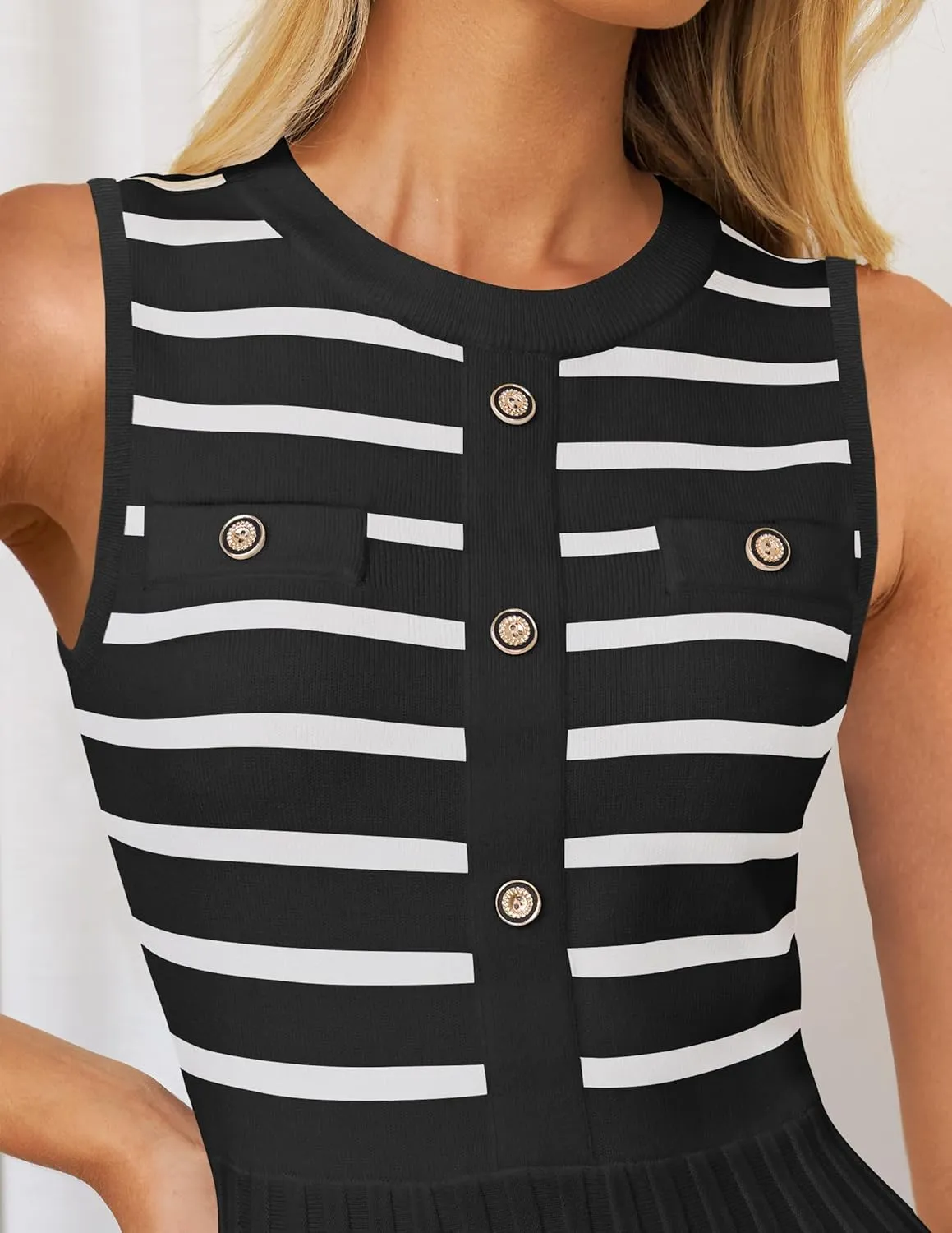 ZESICA Women's Sleeveless Striped Midi Dress Summer Crewneck Button Knit Swing Pleated A Line Casual Dresses