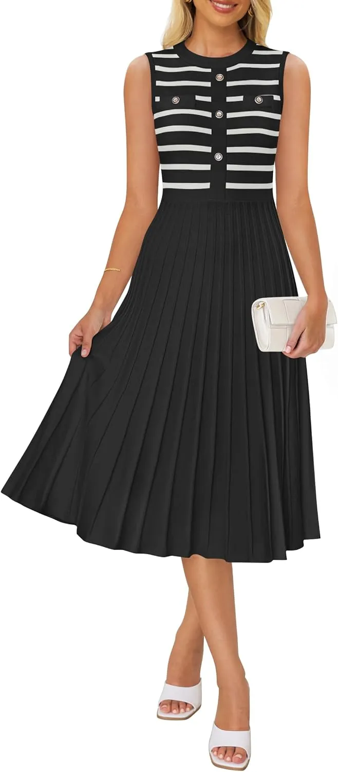 ZESICA Women's Sleeveless Striped Midi Dress Summer Crewneck Button Knit Swing Pleated A Line Casual Dresses