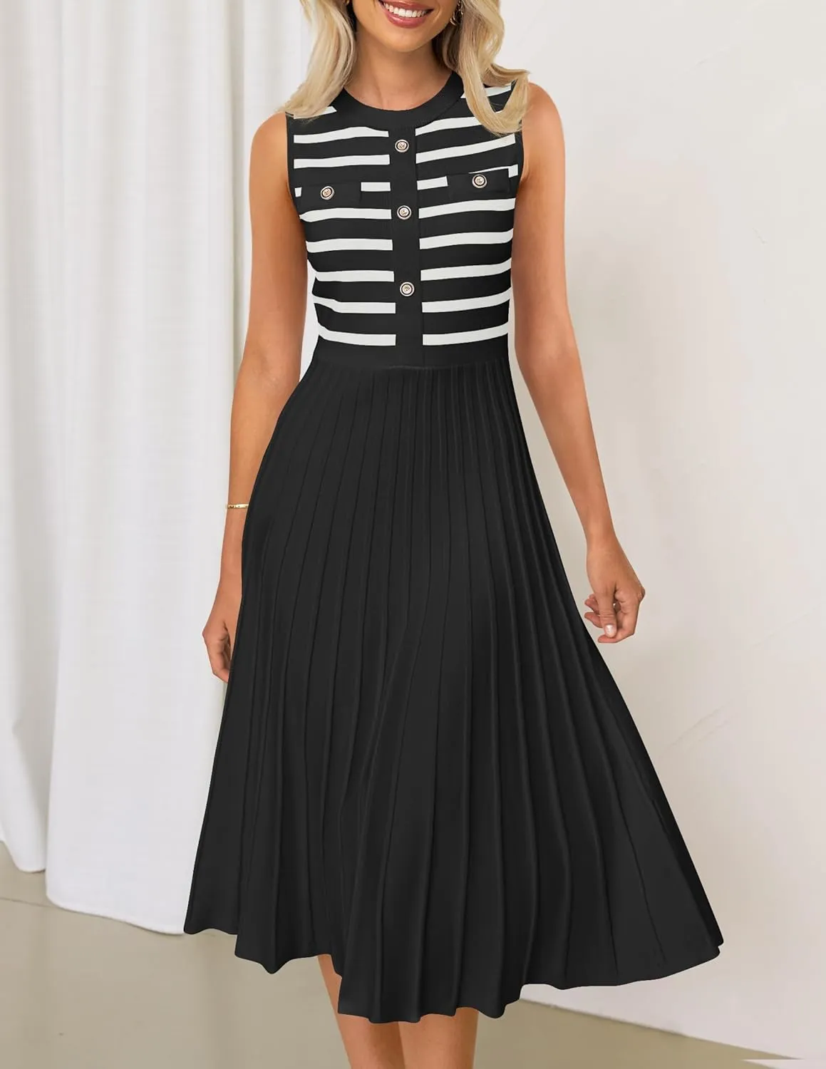 ZESICA Women's Sleeveless Striped Midi Dress Summer Crewneck Button Knit Swing Pleated A Line Casual Dresses