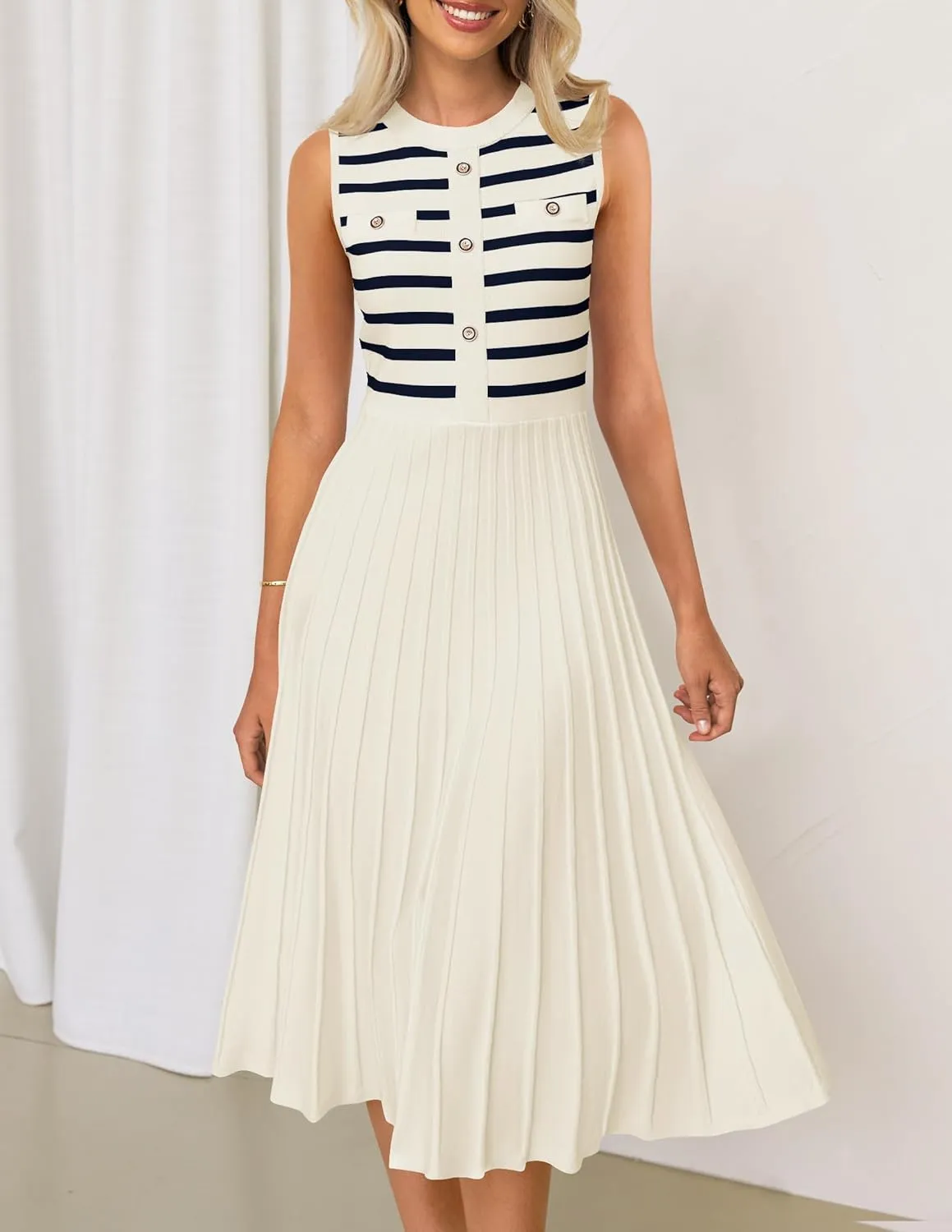 ZESICA Women's Sleeveless Striped Midi Dress Summer Crewneck Button Knit Swing Pleated A Line Casual Dresses