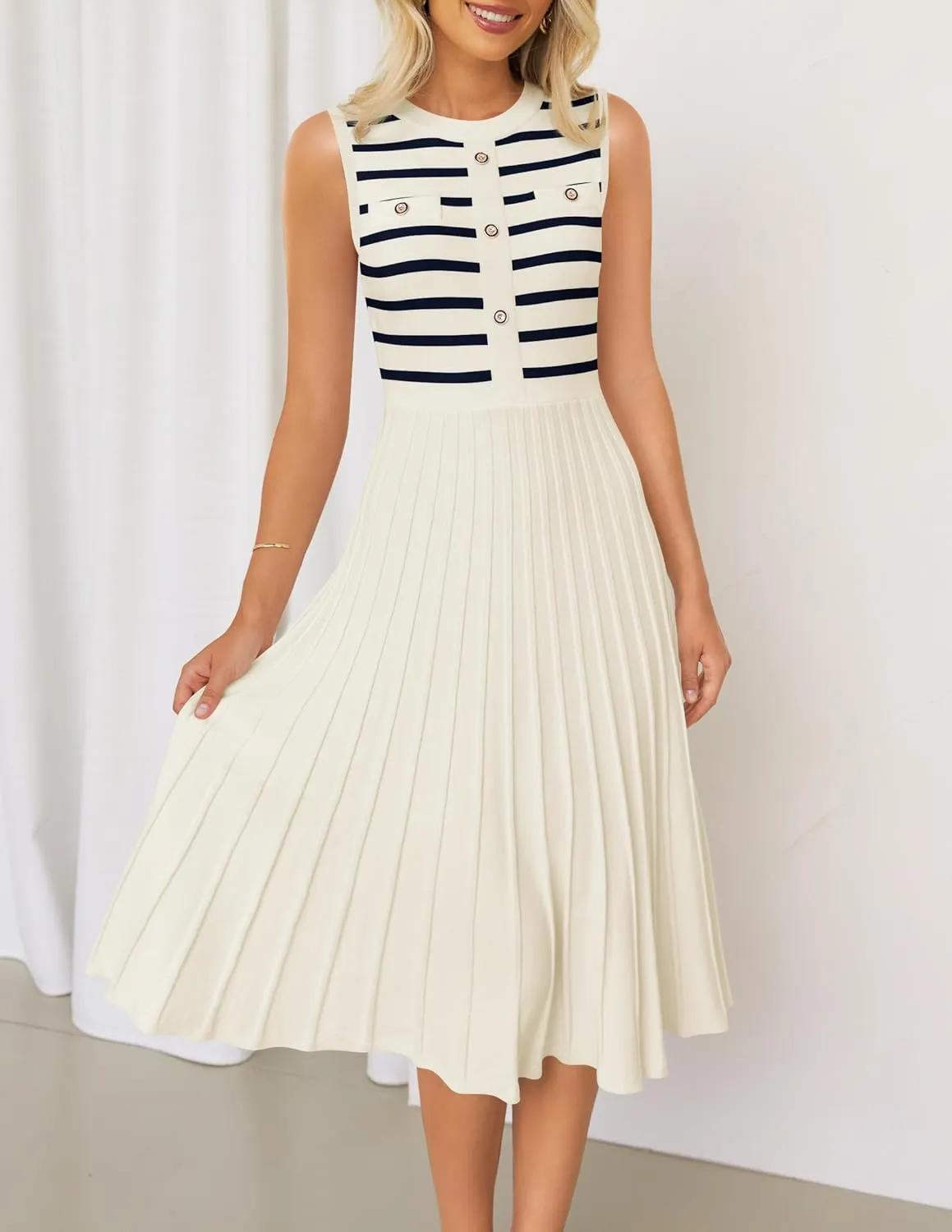 ZESICA Women's Sleeveless Striped Midi Dress Summer Crewneck Button Knit Swing Pleated A Line Casual Dresses