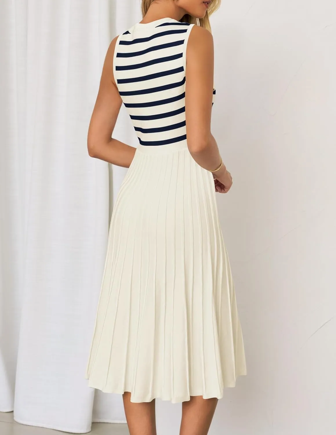 ZESICA Women's Sleeveless Striped Midi Dress Summer Crewneck Button Knit Swing Pleated A Line Casual Dresses