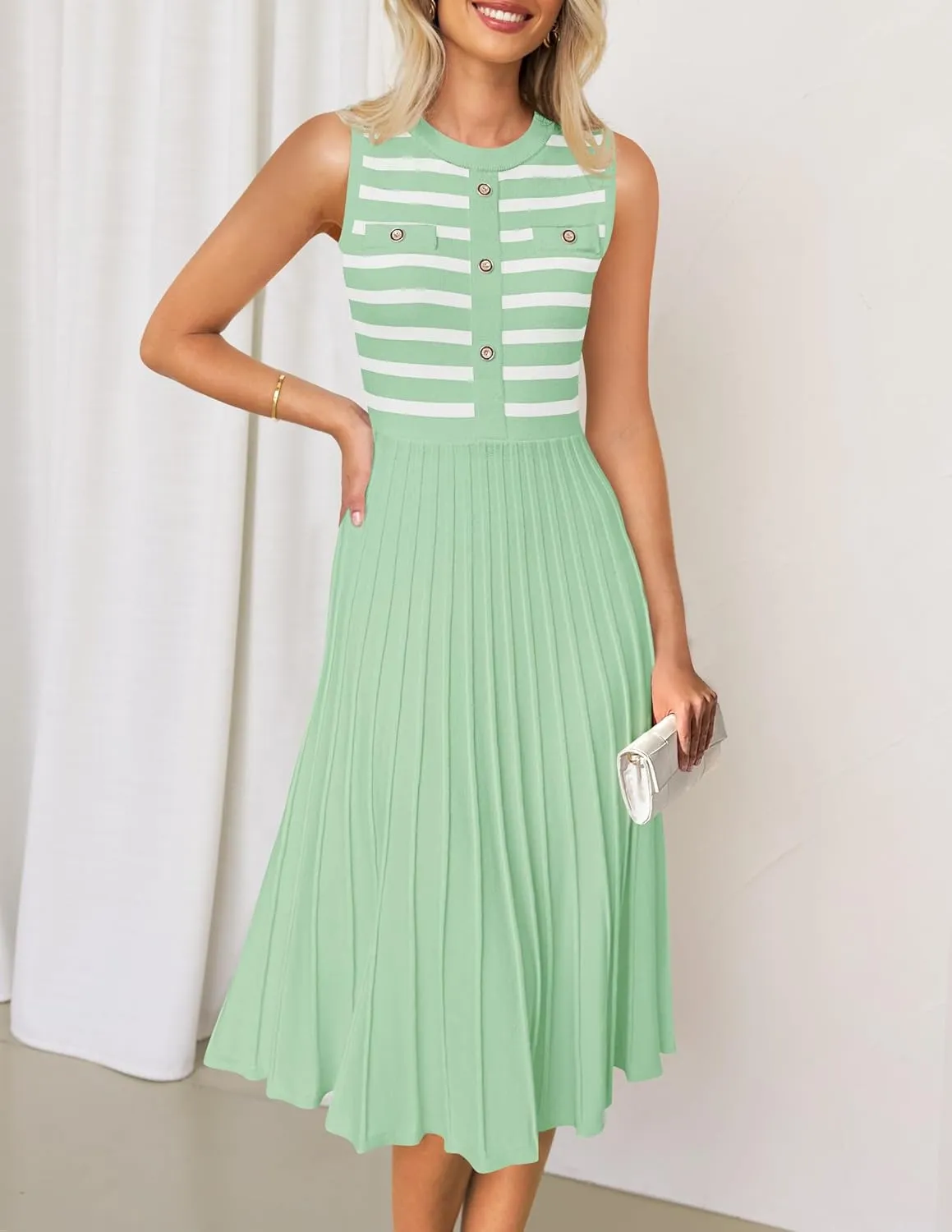 ZESICA Women's Sleeveless Striped Midi Dress Summer Crewneck Button Knit Swing Pleated A Line Casual Dresses