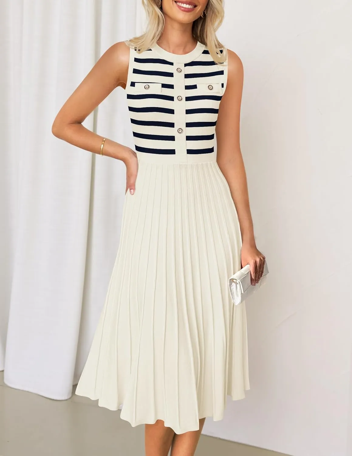 ZESICA Women's Sleeveless Striped Midi Dress Summer Crewneck Button Knit Swing Pleated A Line Casual Dresses